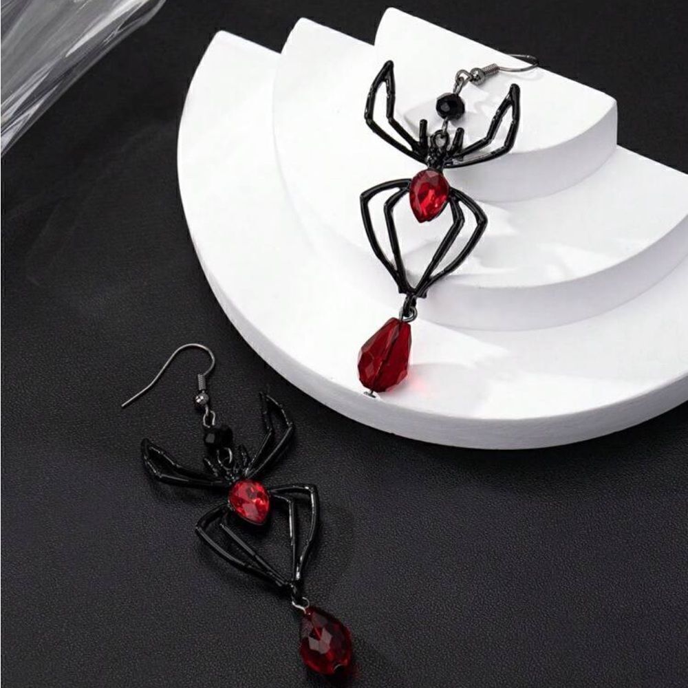 Gothic Earrings Black Widow Spider, Dangling with sparkling Red Ruby lig…